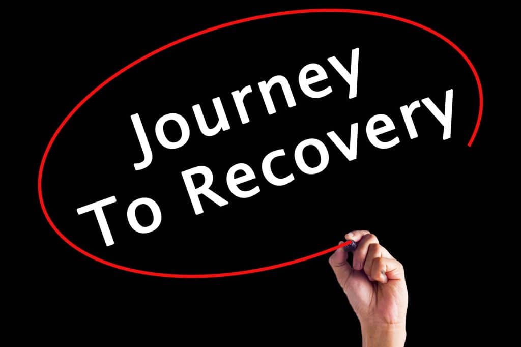 What's a Sponsor - Hand Writing Journey To Recovery with a marker over transparent board. Using a sponsor after treatment increases your odds to stay sober.